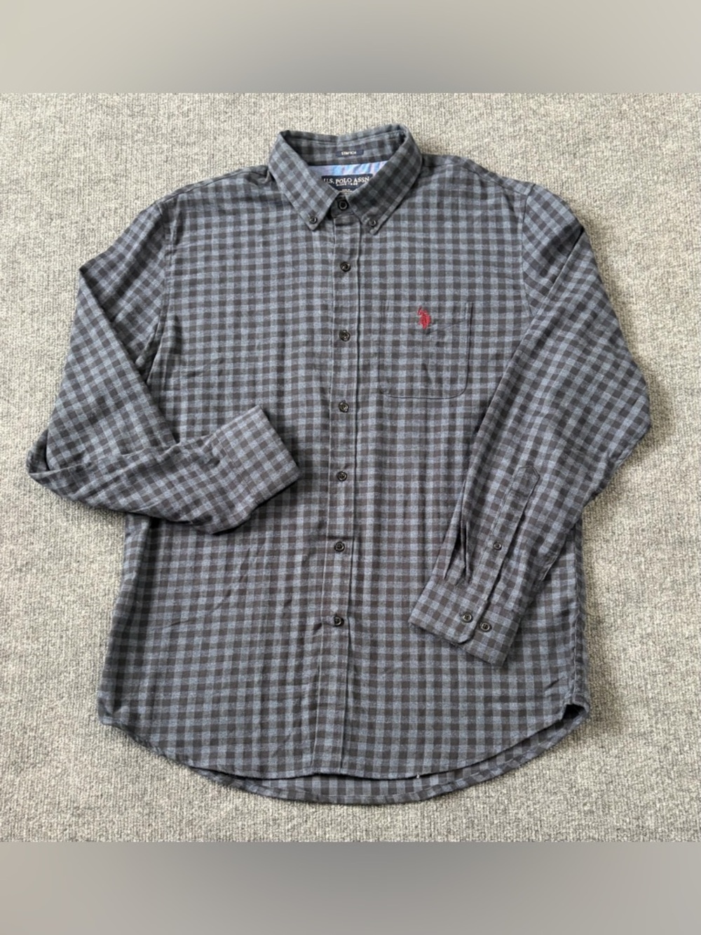 U.S. Polo Assn Mens L Blue Gray Check Button Down Shirt Stretch Long Sleeve